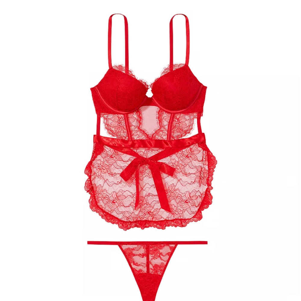 Victoria's Secret Bombshell Apron Teddy Red Lace Bra Set